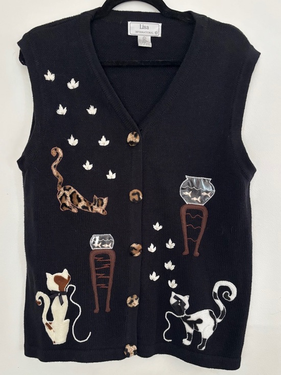 Lisa international Tops - Vintage Cottagecore Crazy Cat Woman Embroidered Kitty Sweater Vest leopard SZ L